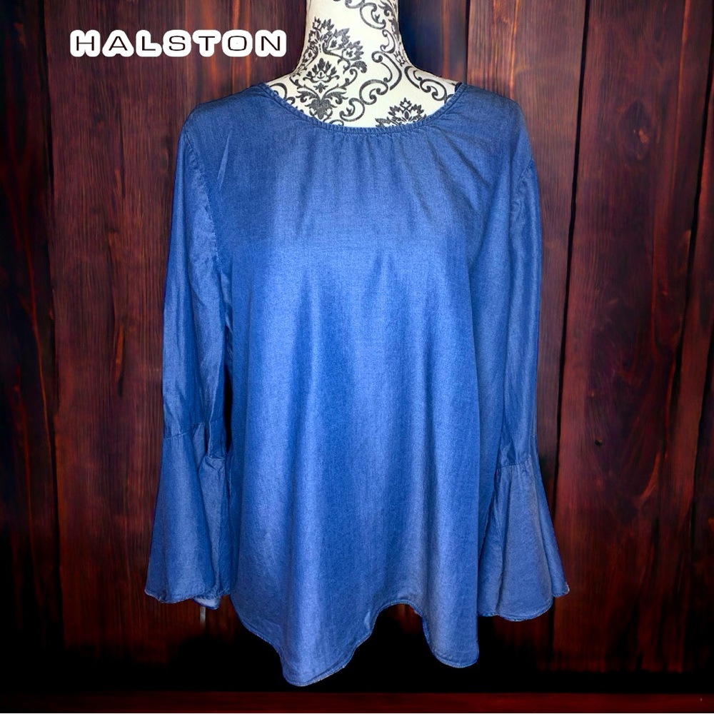 HALSTON Women’s Denim looking Bell Sleeve Blouse- Large